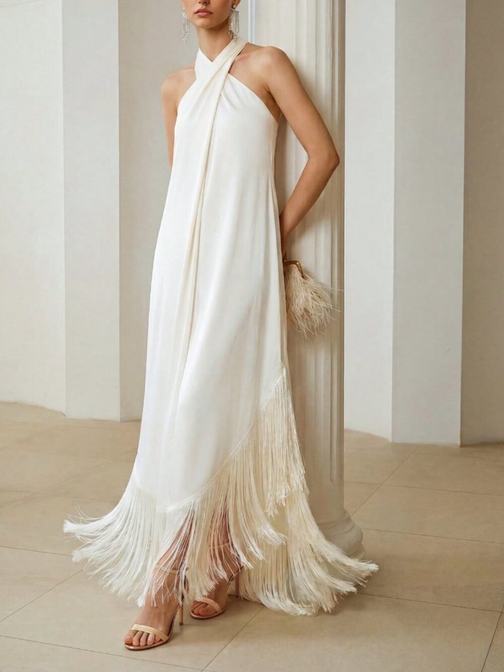 Women's Fringe Hem Cross Halter maxi Dress - Picture 1 of 6